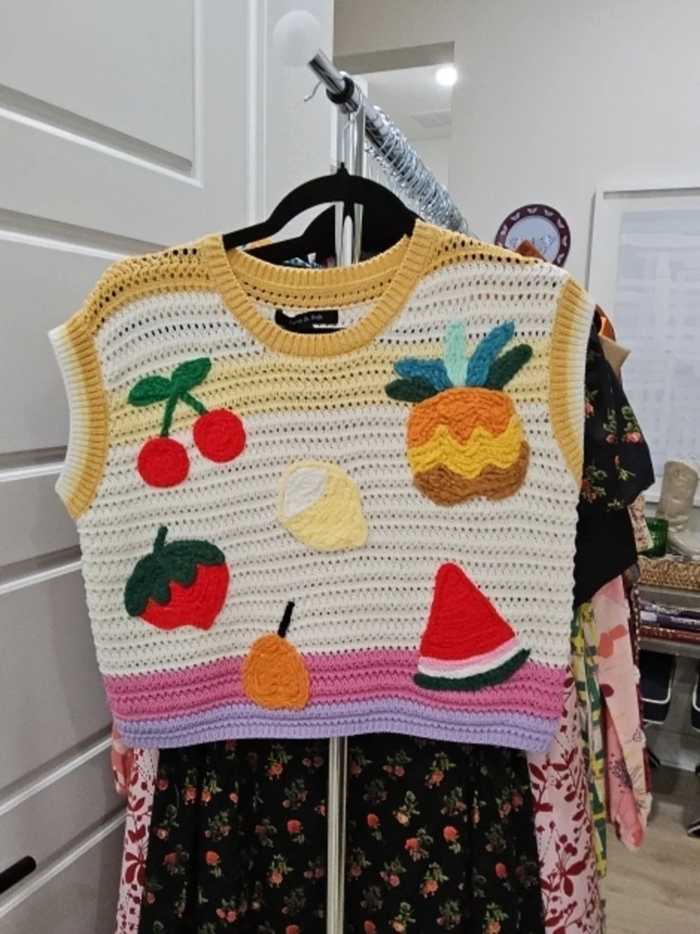 Whimsical Fruit Crochet Sweater Vest - Yellow & Cream